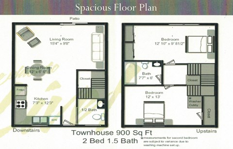 2 Bedroom 1 and a half bathroom floor plan